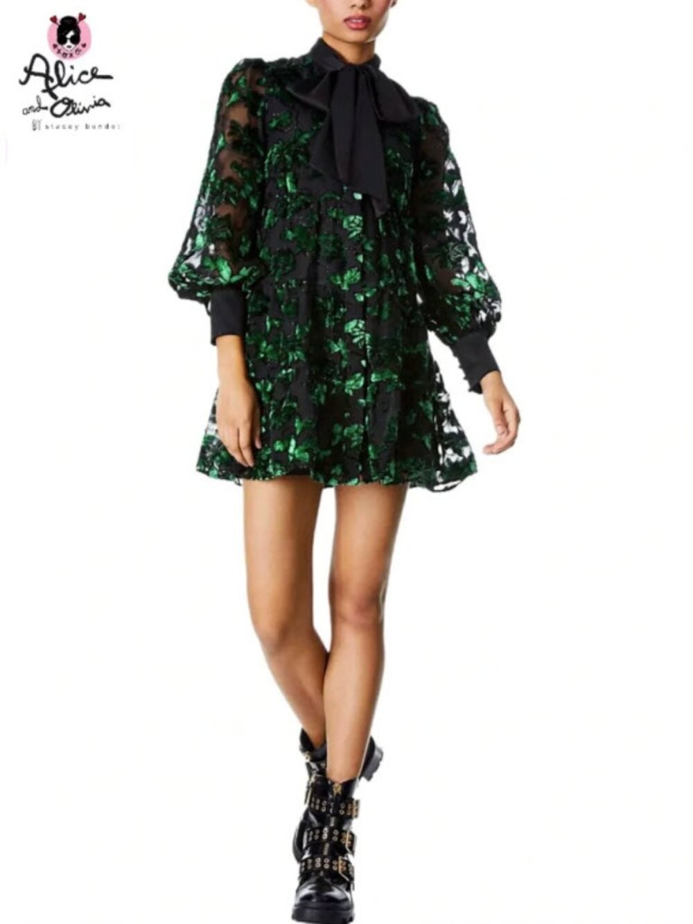Alice + Olivia Rowen Emerald Green Bow Blouson Sleeve Mini Dress L